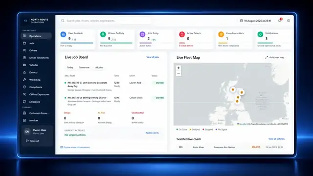 North Route Operations live control screen showing jobs, vehicles, drivers and operational status