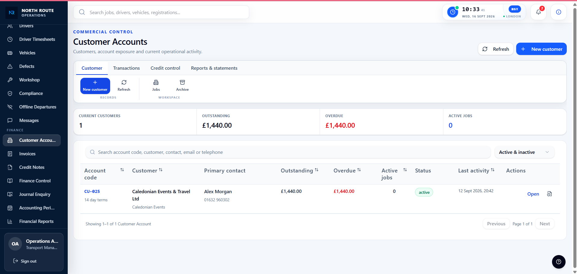 North Route Customer Accounts with balances, credit control and statements