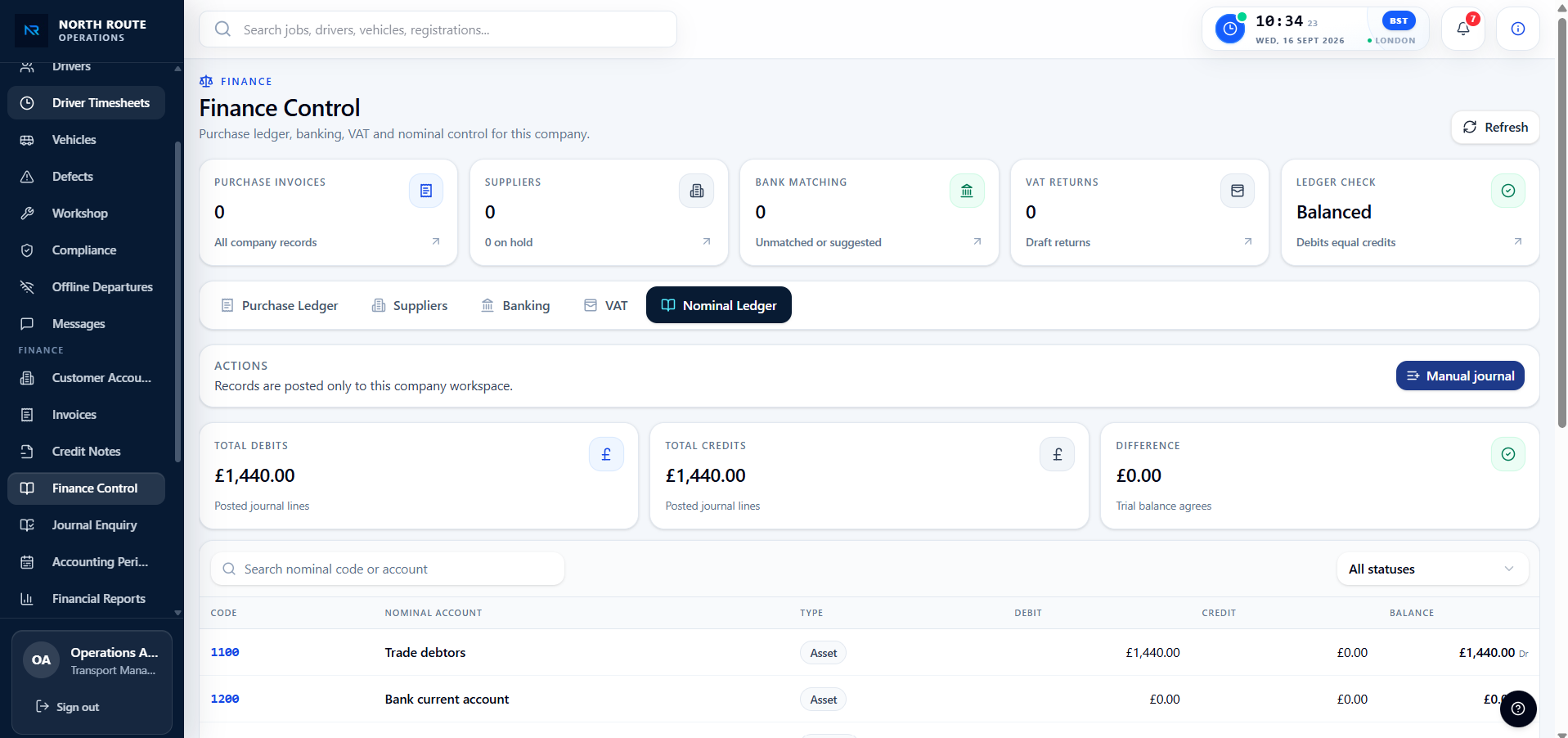 North Route Finance Control showing purchase ledger, banking, VAT and nominal ledger