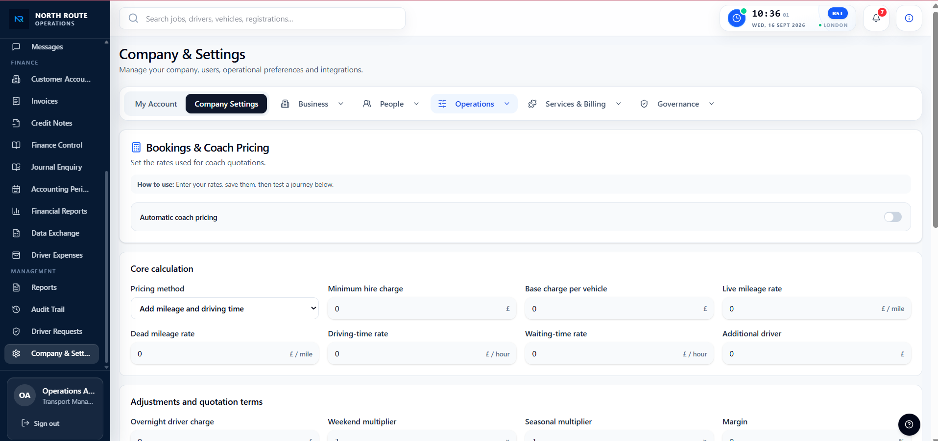 North Route company settings for coach pricing, mileage and driving-time rates