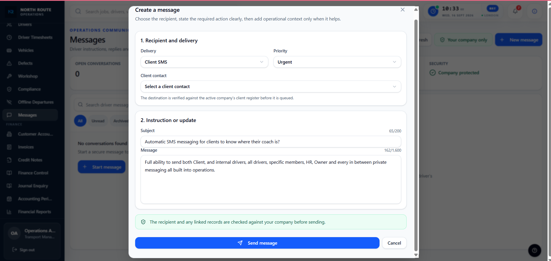 North Route Operations message composer with client SMS delivery selected